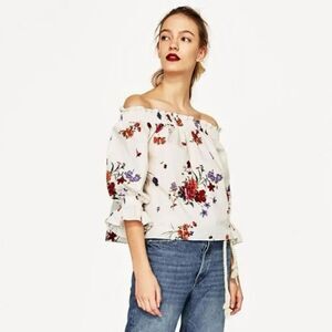 ZARA XS White Blue Vercial Stripe Floral Two Way Quarter Sl On Off Shoulder Top